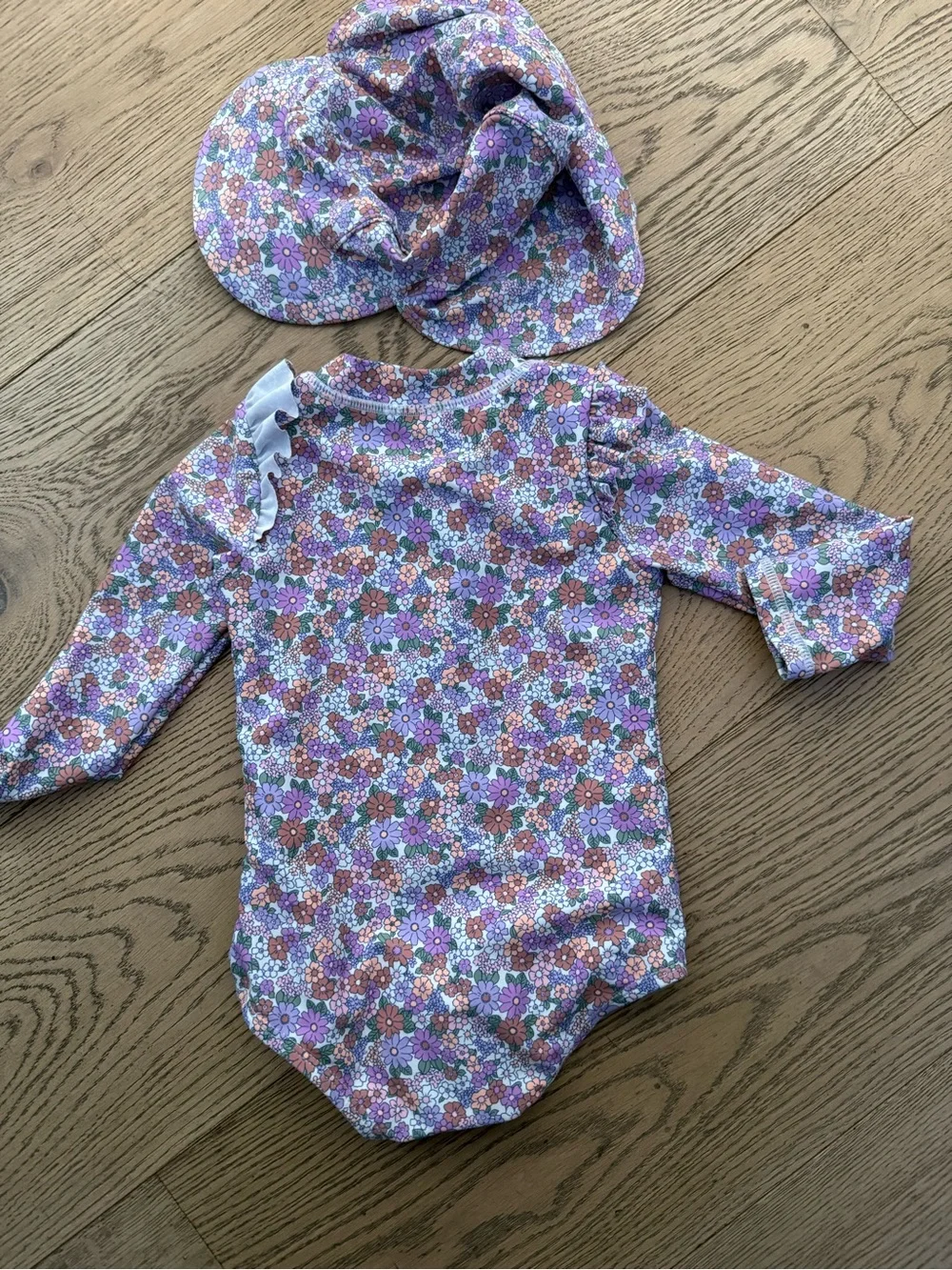 Cotton-On Kids Long Sleeve Floral One-Piece Rash Guard Swimsuit with Sun Hat